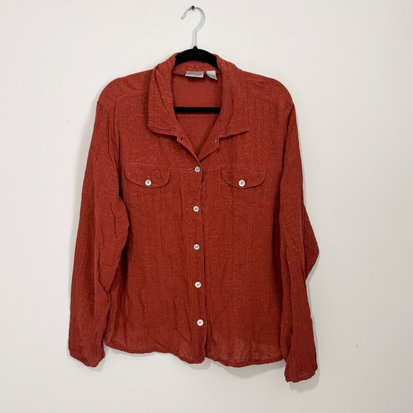 Chico's Tops - Chicos Vintage 100% Silk Print Button Up Blouse Size 3 Large Rust Orange‎